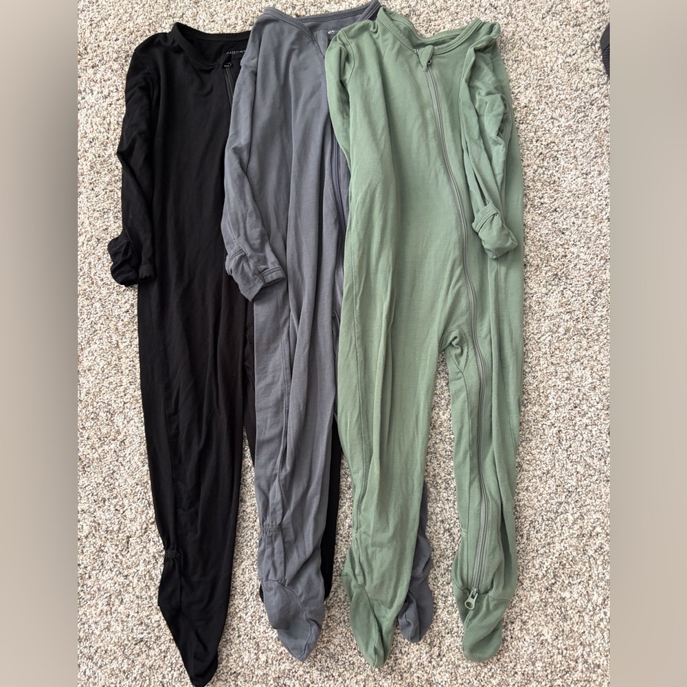 3 Bamboo Cozy Zip-Front Footed Onesies - Black, Gray, Sage Green